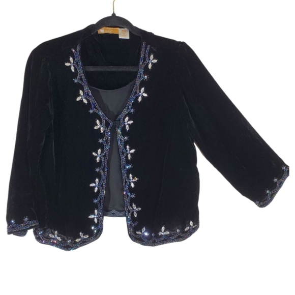 Vtg Vintage 1980s 80s Designer Glam Beaded Jewel Black Velvet Cropped Jacket - Picture 1 of 4